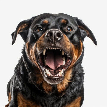 Isolated Rottweiler Dog Growling Aggressively on White Background - Stock Image