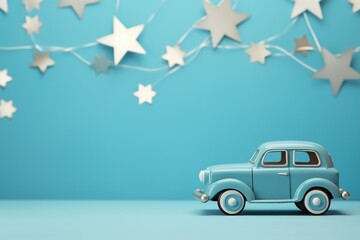 Blue background with toy car and copy space. It's a boy backdrop with empty space for text. Baby shower or birthday invitation, party. Baby boy birth announcement. Men's Day. Generative AI.