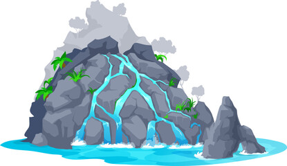 Cartoon waterfall and water cascade of river on mountain rock, vector water stream lake, vector nature scene. Waterfall cascade streams flowing from hill or cliff in jungle island with palm trees © Vector Tradition