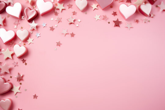 Pink background with hearts, stars and copy space. It's a girl backdrop with empty space for text. Baby shower or birthday invitation, party. Women's Day. Baby girl birth announcement. Generative AI.
