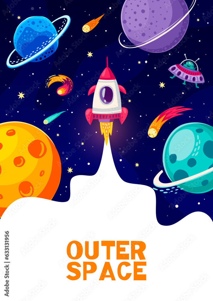 Poster Cartoon space flyer with rocket launch to galaxy planets and alien UFO spaceship, vector background. Rocket start up launch of shuttle spaceship to starry sky for outer space and galaxy exploration