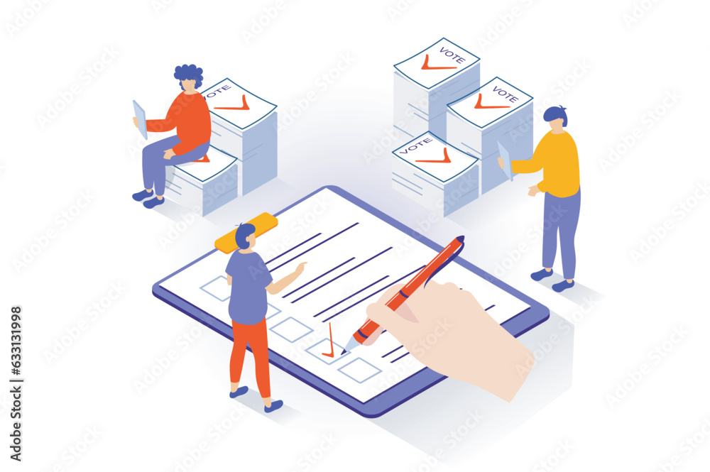 Fototapete election and voting concept in 3d isometric design. people vote and ticking checkbox in ballot paper