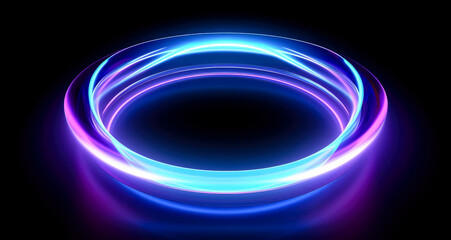 Electromagnetic lights whirl with colors of blue, purple and orange on a black background, light purple and light pink, double lines, rounded, rim light, light black and purple, clear colors.