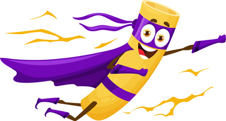 Cartoon rigatoni italian pasta food superhero character. Isolated vector quirky and fun super hero noodle personage, equipped with superpowers flying to save the day with a delicious twist and laugh