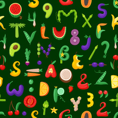 Cartoon fruit and vegetable font letters seamless pattern. Healthy food alphabet vector background. Letters and numbers type made of fresh orange, banana, corn, lettuce, green peas and onion backdrop