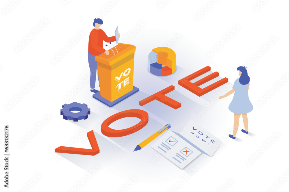 Poster election and voting concept in 3d isometric design. people vote in democracy elections and meet with