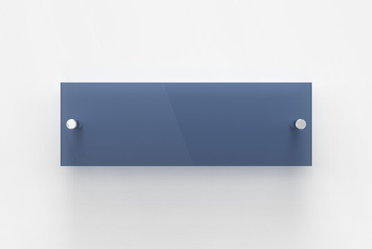 Blank blue transparent glass interior corporate signage plate Mock up template, Clear boards for branding, logo. Transparent acrilic advertising signboard mock-up front view. 3D rendering