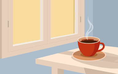 Morning ambience with a cozy cup of coffee on a table by the window. This illustration perfectly blends comfort and tranquility, making it ideal for creating warm and calm vibes in your projects