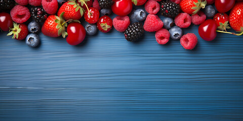 Naklejka na ściany i meble Red fruits on blue wooden table