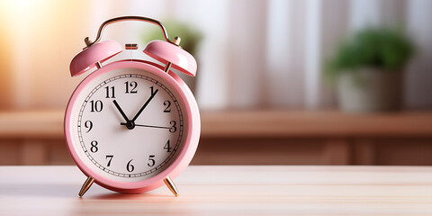 Pink color alarm clock on wooden table, defocused room background