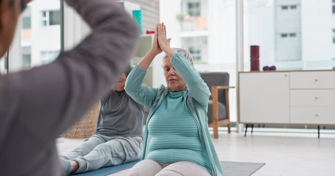 Old people in yoga class, fitness and meditation with breathing, wellness and retirement. Health, exercise and stretching, women and workout with elderly care and zen, mindfulness and vitality