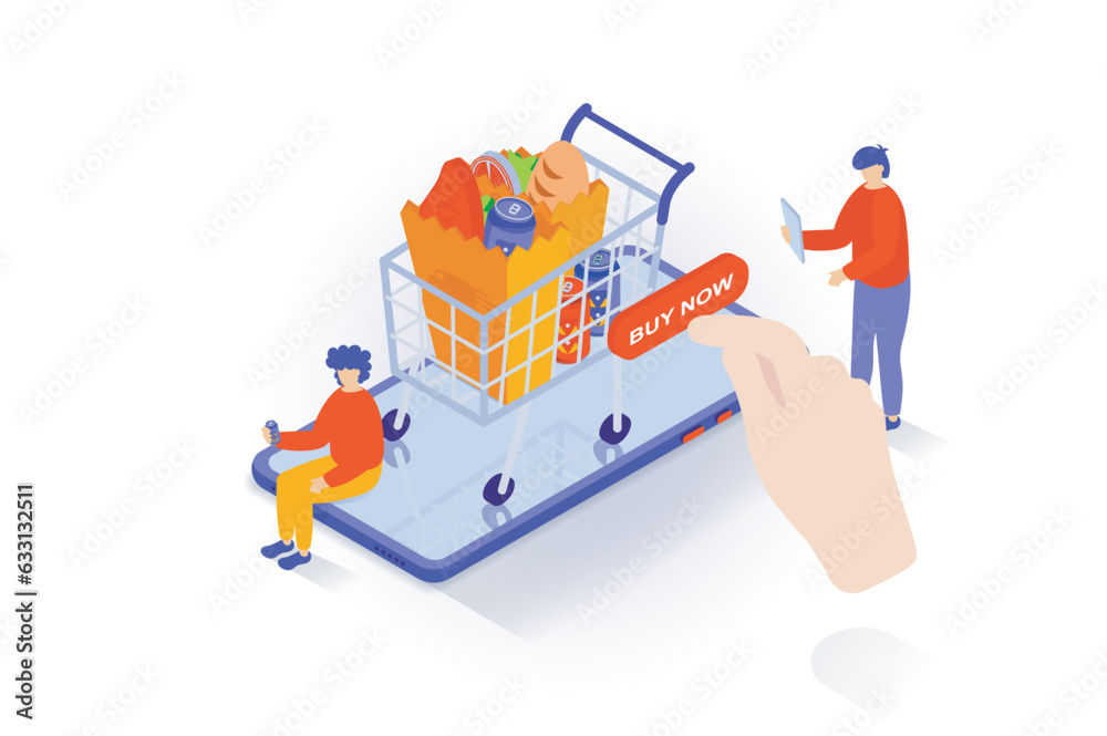 Poster food delivery concept in 3d isometric design. people ordering products bags in cart from supermarket