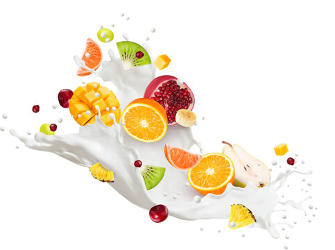 Realistic milk drink flow wave splash and fruits. Isolated vector realistic yogurt or cream white liquid dairy stream with mango, garnet, kiwi, grapefruit and pineapple with cherry and drops fresh mix