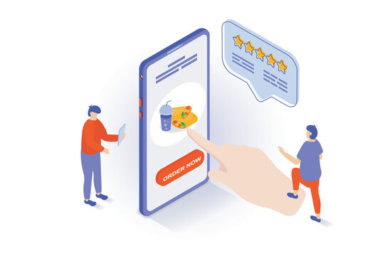 Food delivery concept in 3d isometric design. People ordering fast food meal from restaurant and buying online in app, leaving rating feedback. Vector illustration with isometry scene for web graphic