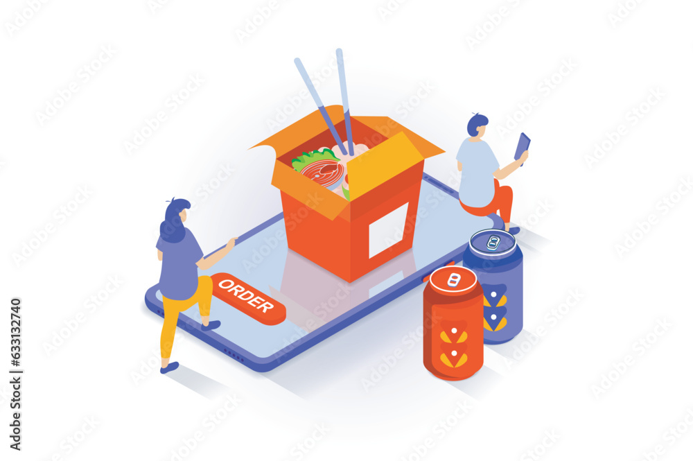 Poster food delivery concept in 3d isometric design. people ordering noodles wok and drink at lunch from re