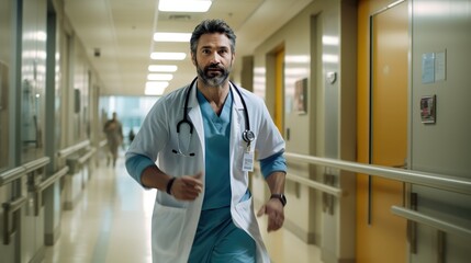 Male doctor running nervously in hospital corridor.