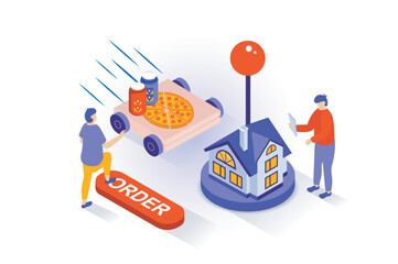 Food delivery concept in 3d isometric design. People ordering pizza and drinks, paying online for purchases and tracking shipping at home. Vector illustration with isometry scene for web graphic