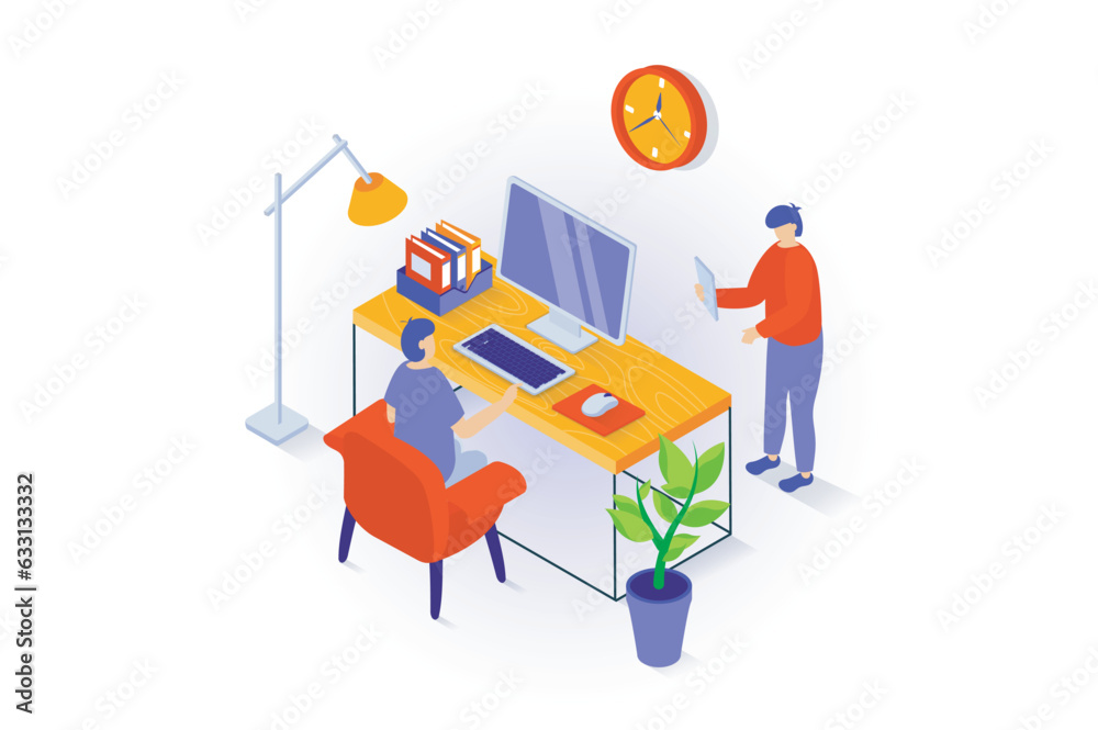 Aufkleber home interior concept in 3d isometric design. people in workplace office with desk and chair, floor 