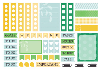 Soft green and yellow colorful weekly planner stickers set for agenda, notebook, diary.