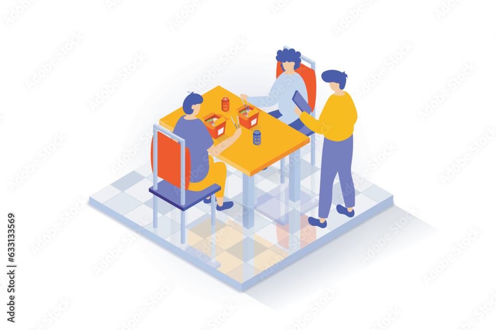 Aufkleber home interior concept in 3d isometric design. people in dining room with tile flooring sitting on ch