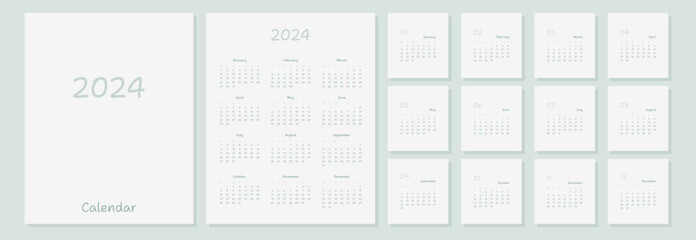 2024 calendar planner template. Monthly minimalistic calendar with 12 pages. Calendar in pastel colors	
