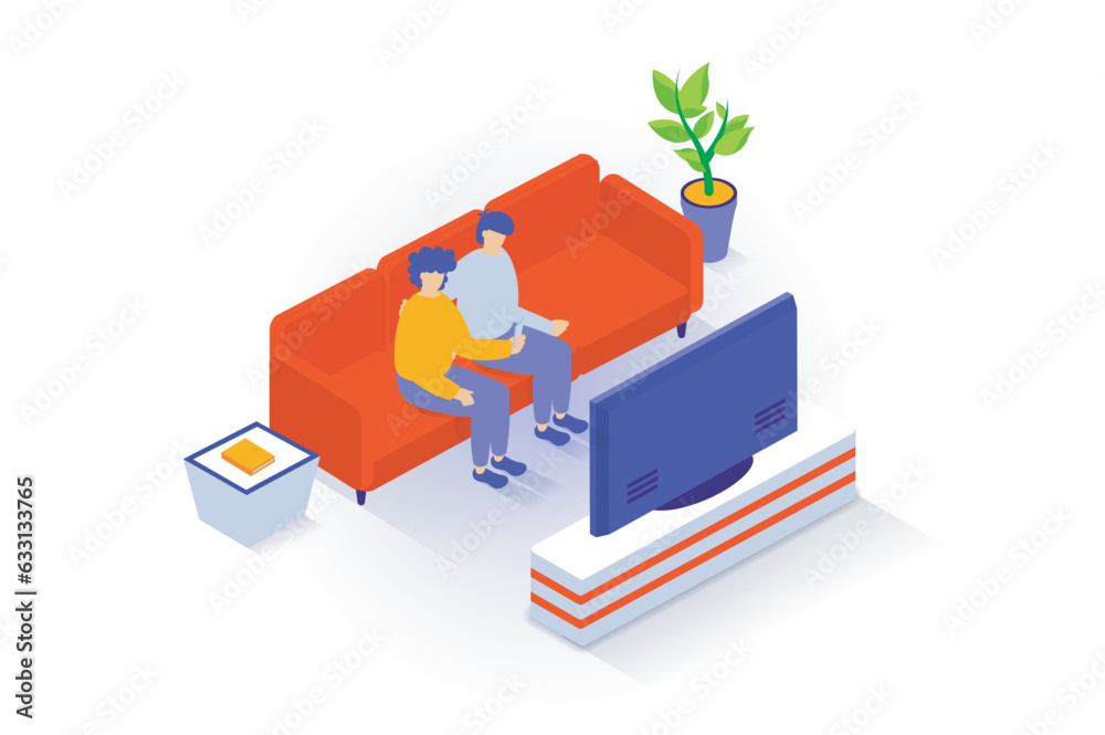 Aufkleber home interior concept in 3d isometric design. people rest in living room, sit on sofa with side tabl