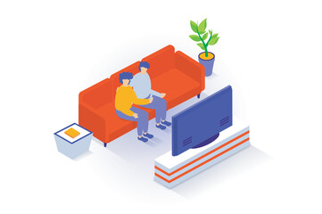 Home interior concept in 3d isometric design. People rest in living room, sit on sofa with side table and plant, watching tv plasma on stand. Vector illustration with isometry scene for web graphic
