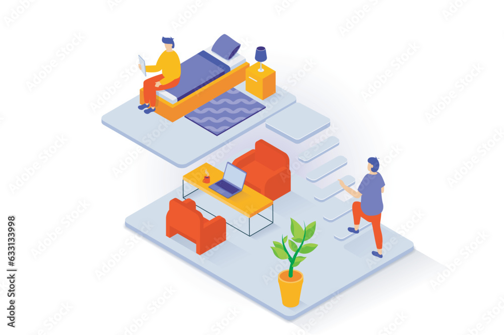 Aufkleber home interior concept in 3d isometric design. people in duplex apartment with small bedroom and work