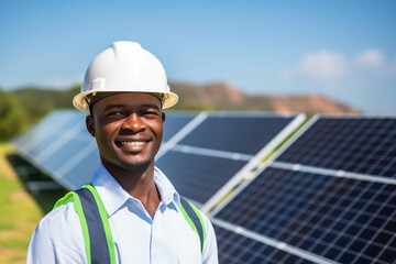 African man wearing safety helmet with solar panel bokeh background. Generative AI