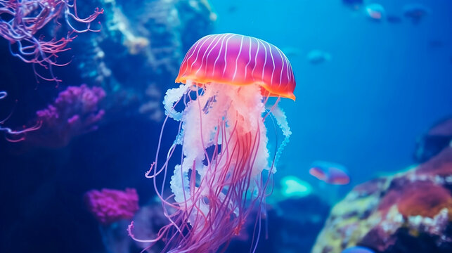 Light violet jellyfish underwater photography. Close up tentacles wild nature aquarium translucent dangerous poison water creature photo