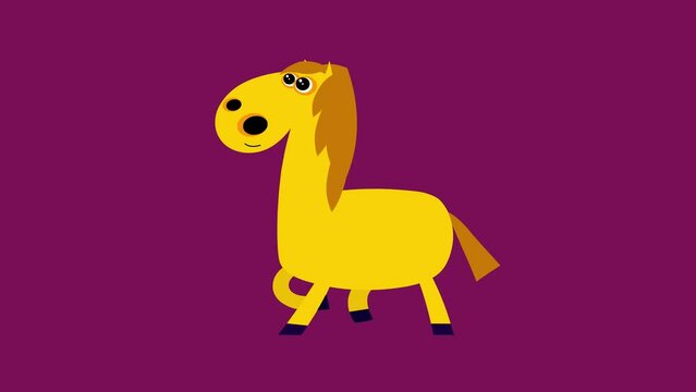 Cartoon horse yellow flat design children animation walking cycle isolated. Cute 2d hand made farm brown red animal character animation good for any use. 