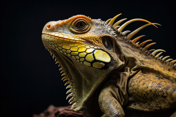 Naklejka premium portrait of iguana on tree professional photography wide angle 8k aperture geographic wildlife closeup torpical animal ai gen photo national lizard 