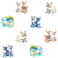  watercolor tiled pattern with cute cats on the white background. Kitten illustration for kids, generative art.