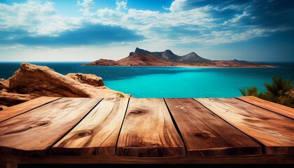 the wooden table on the beach with a sky background. generative in ai