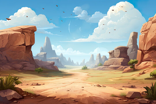 Abstract 2D desert cave background environment for adventure or battle mobile game. Desert cave cartoon style with rocks in game art background environment.