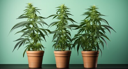 Growing hemp bushes in pots at home. Cannabis medical in the form of seedlings. Concept: Legalization and prohibition of marijuana. Solid background, copy space