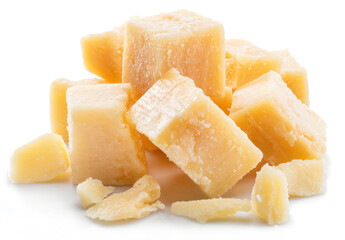 Cubes of parmesan cheese isolated on white background.
