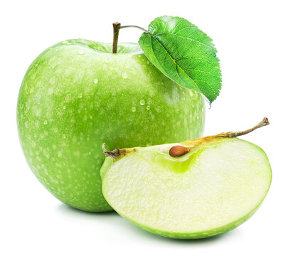 Green apple covered with small water drops and apple slice isolated on white background.