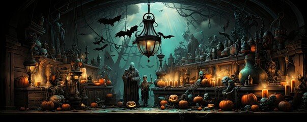 Halloween night with a spooky house and bats, halloween background.