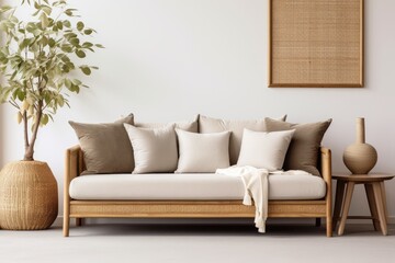 A contemporary living room layout featuring a brown wooden sofa, adorned with pillows, along with a rattan basket, a shiny vase with flowers, and sophisticated decorative items. The design emphasizes