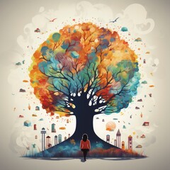 World Mental Health Day. The girl stands and looks at a large tree.