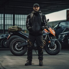Fototapeta na wymiar man wearing motorcycle gear and helmet, AI Generated