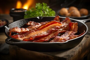 Delicious, crispy bacon has just finished frying in a cast iron pan, ready to be eaten for breakfast. Generative AI.