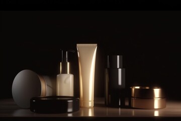 Makeup products, beauty luxury black gold background, skincare concept. Generative Ai
