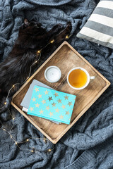 Cozy composition with woolen blanket, wooden tray with cup of tea, books and candle and funny black cat playing with garland top view. Hygge home interior.