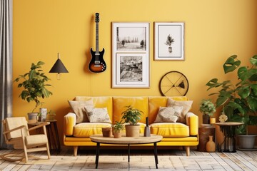 Template for a stylish dining room with a vintage and cozy ambiance. The room features a mock up poster frame, a yellow sofa, a wooden coffee table, a guitar, plants, a commode, various decorations