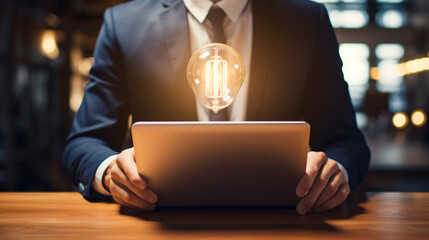 Businessman holding glowing lightbulb on wooden tab