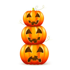 Realistic Cartoon Pumpkins With Funny and Sad Faces For Halloween, Isolated on White Background. Vector Illustration