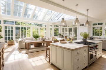 A farmhouse style kitchen that is filled with natural light, has ample space, and features contemporary design elements. - obrazy, fototapety, plakaty