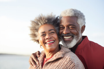 Romantic senior couple happy smiling on beach. Elderly couple enjoying together after retirement. 